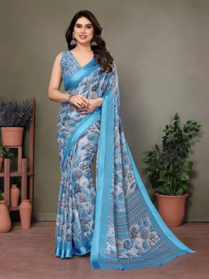RAJESHWAR FASHION Digital Print, Floral Print Daily Wear Silk Blend Saree(Blue)
