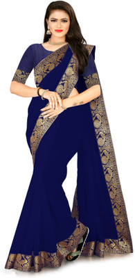 AMBALIKA Solid/Plain Chanderi Cotton Blend Saree(Dark Blue)