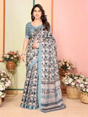 Moda Rapido Printed Daily Wear Cotton Linen Saree(Light Green)