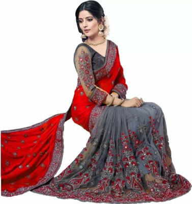 watay Embellished, Applique, Self Design Bollywood Net, Art Silk Saree(Red, Grey)