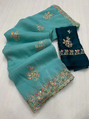 Sucikarman Embroidered Bollywood Chiffon Saree(Blue)