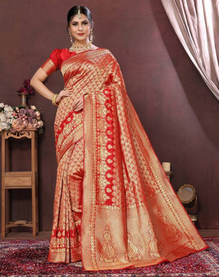 Pari Prints Self Design Banarasi Cotton Silk Saree(Red)