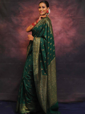 Rudr Venture Self Design Banarasi Cotton Silk Saree(Green)