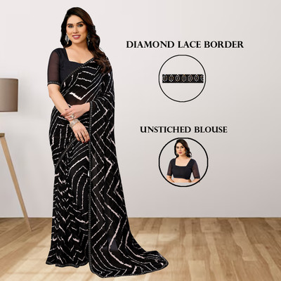 Anand Sarees Embellished, Striped, Printed Leheria Georgette Saree(Black)