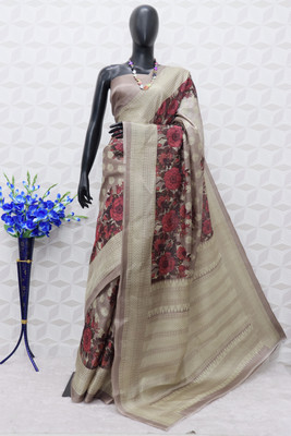 Kjs Floral Print Bollywood Cotton Blend Saree(Multicolor)