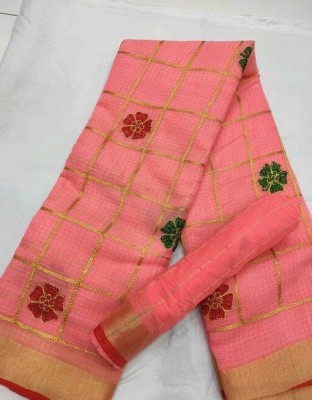 Stree Checkered, Embroidered Kota Doria Supernet, Cotton Silk Saree(Pink, Gold, Multicolor)