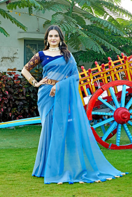 JIVI CLOTHING Solid/Plain Bollywood Organza Saree(Blue)