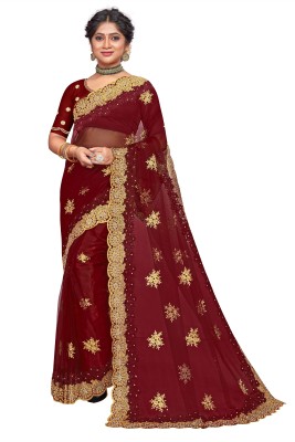 MIYANIFAB Embroidered, Floral Print Bollywood Net Saree(Brown)