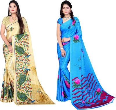 Leelavati Printed Daily Wear Crepe Saree(Pack of 2, Yellow, Blue)