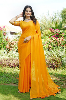 KONICA FAB Solid/Plain Bollywood Chiffon Saree(Yellow)