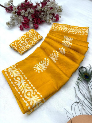 kiaan fashion Floral Print Hand Batik Pure Cotton Saree(Gold)