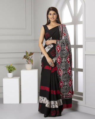 Sanganeri Print Printed, Color Block, Blocked Printed, Floral Print, Dyed Daily Wear Pure Cotton Saree(Black)