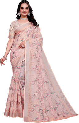 HouseOfCommon Floral Print Bollywood Cotton Linen Saree(Pink)