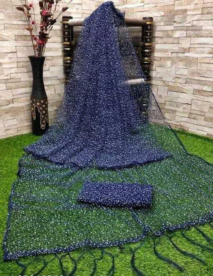 Floral Print, Solid, Self Design, Printed Bollywood Tissue, Net Saree(Dark Blue)