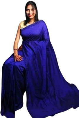 Radha Krishna Saree Solid/Plain Handloom Cotton Silk Saree(Blue)
