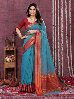 Moda Rapido Polka Print Kota Doria Cotton Blend Saree(Blue)