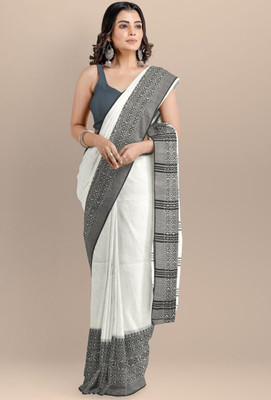 WeaveAura Woven Handloom Cotton Blend Saree(White)