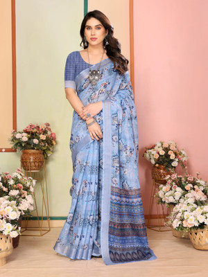 Moda Rapido Printed Daily Wear Cotton Linen Saree(Light Blue)