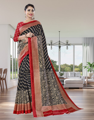 shree laxmi Floral Print Banarasi Cotton Silk Saree(Black)
