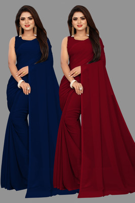 mamtasaree Solid/Plain Bollywood Georgette Saree(Pack of 2, Dark Blue, Maroon)