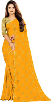 mamtasaree Printed Chanderi Net, Chiffon Saree(Yellow)