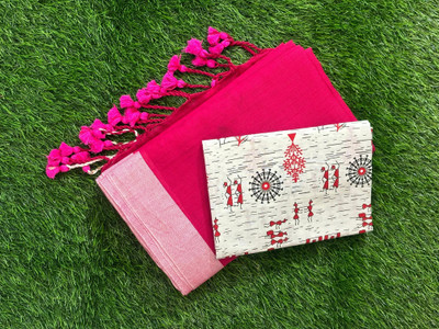 SMRITI BOUTIQUE Solid/Plain Bollywood Handloom Pure Cotton Saree(Pink, White)