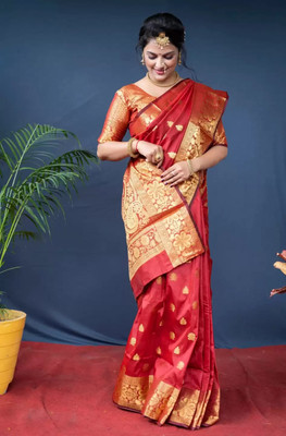 SareeChic Woven Kanjivaram Pure Silk Saree(Red)