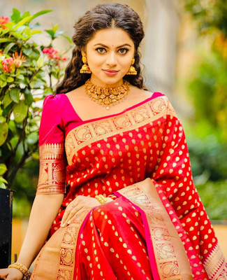 Khodal Zari Work Woven Kanjivaram Jacquard, Pure Silk Saree(Red)