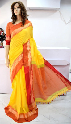 HouseOfCommon Solid/Plain Narayanpet Cotton Blend Saree(Yellow)