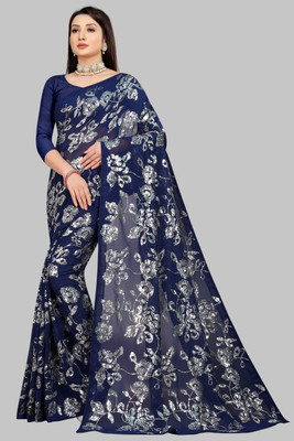 A To Z Cart Floral Print Bollywood Georgette Saree(Dark Blue)