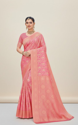 sarees Woven, Geometric Print Banarasi Cotton Silk Saree(Pink)