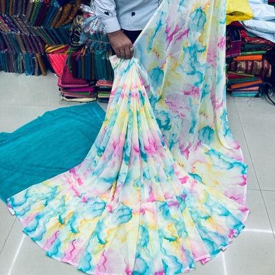 THEOMDESIGNER Printed Bollywood Georgette Saree(Light Blue)