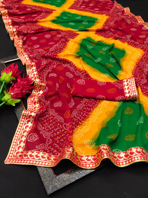 Kanooda Prints Printed Bandhani Georgette Saree(Multicolor)