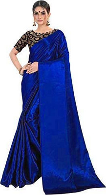 Aruna Sarees Solid/Plain Bollywood Satin Saree(Blue)