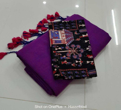 SMRITI BOUTIQUE Solid/Plain, Printed Kalamkari Handloom Pure Cotton Saree(Purple)