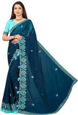NANDKASHI Embroidered Bollywood Georgette Saree(Dark Blue)