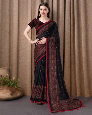 HouseOfCommon Printed Bollywood Cotton Jute Saree(Black, Red)