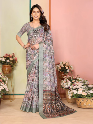 Moda Rapido Printed Daily Wear Cotton Linen Saree(Green)