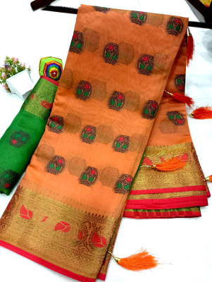 ASHTA Self Design, Solid/Plain Kanjivaram Pure Cotton, Cotton Silk Saree(Orange)