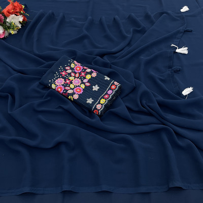 PIYA DESIGNER Solid/Plain, Self Design Bollywood Georgette Saree(Dark Blue)