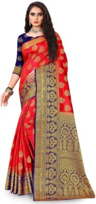 Radadiyabrothers Woven Kanjivaram Jacquard Saree(Dark Blue, Red)