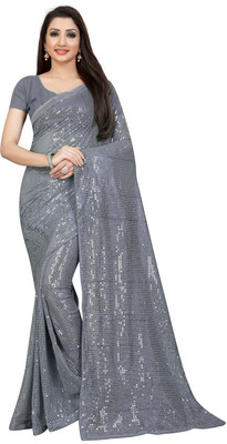 Bluebirdimpex Embroidered Bollywood Georgette Saree(Grey)