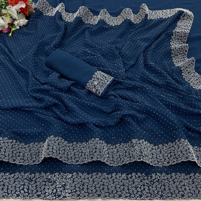 KONICA FAB Embellished Bollywood Chiffon Saree(Dark Blue)