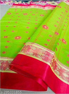 BiswasTextiles Solid/Plain Handloom Cotton Blend Saree(Green)