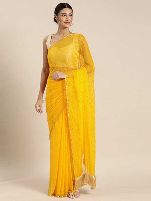 mamtasaree Printed Daily Wear Net, Chiffon Saree(Yellow)
