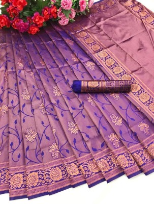 KHANJAN FASHION Floral Print, Geometric Print, Self Design, Woven Banarasi Silk Blend, Jacquard Saree(Blue)