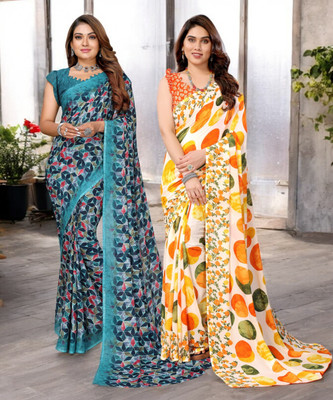 AMBUJAINTERNATIONAL Printed Bollywood Georgette Saree(Pack of 2, Multicolor)