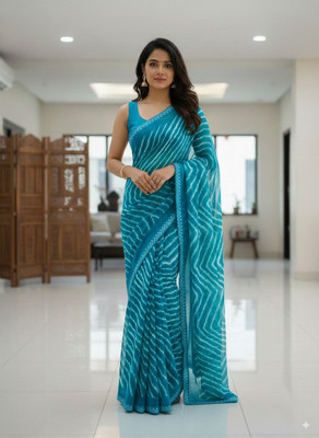 nabil Printed Leheria Georgette Saree(Blue, White)