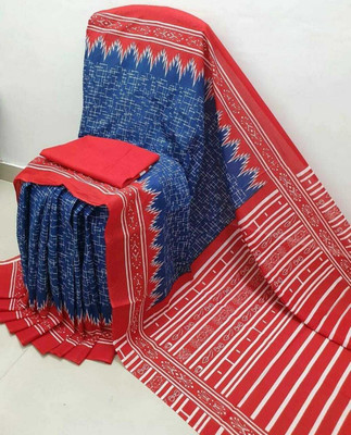 NIKHILAM Printed Daily Wear Pure Cotton Saree(Blue, Red)