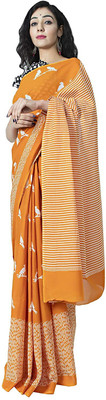 Suraj International Blocked Printed, Checkered, Digital Print, Dyed, Floral Print, Printed, Self Design Daily Wear Pure Cotton Saree(Orange)